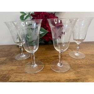 Vintage Etched Crystal Style Fern Wheat Wine Glasses Set of Four Stemware